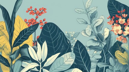 Lush Botanical Illustration with Vibrant Colors and Varied Flora