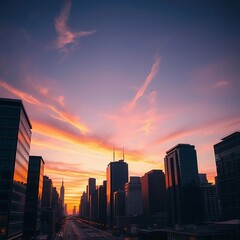 A modern city skyline at sunset with buildings bathed in evening light.
