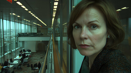 Fototapeta premium Serious businesswoman looking at the camera while standing on a mezzanine inside a modern corporate office building.