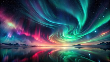 Vibrant Aurora Borealis Display Reflected in a Tranquil Lake Under a Starry Sky