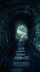 A shadowy tunnel leading to unknown depths and ghostly whispers.