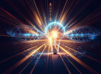 Fototapeta premium Intense golden light streaks radiate from a central point, creating a dynamic, starburst effect against a black background. The image suggests speed, energy, and movement.