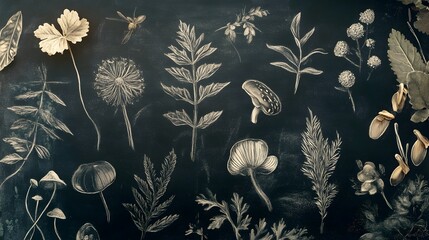 Vintage botanical showcasing a diverse array of wild flowers plants herbs and botanical elements on a dark monochrome background  This scientific drawing style engraving creates a timeless elegant