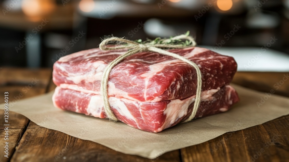 Poster freshly wrapped cuts of meat on a wooden table with a rustic background and soft lighting