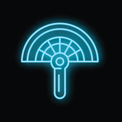 Blue neon icon of a protractor glowing brightly against a black background