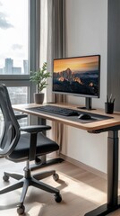 Home office setup with scenic view modern desk and monitor urban environment minimalist design
