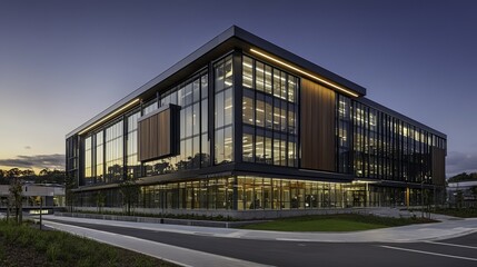 Office building glowing in golden dusk light, framed by urban skyline, evoking a sense of modern ambition and quiet reflection.