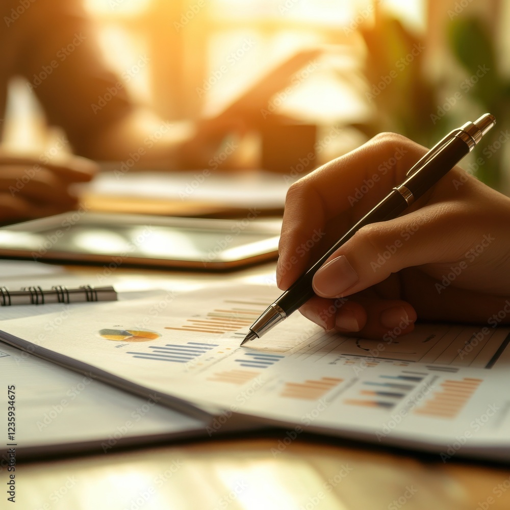 Poster a hand holding a pen writes on a document with colorful charts and graphs, symbolizing analysis and 