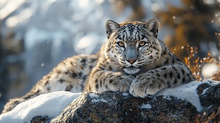 Obraz premium Majestic snow leopard resting on a rocky ledge amidst a snowy mountain landscape, showcasing its elegant fur pattern and piercing gaze.