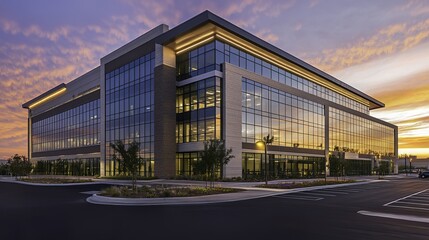 Office building glowing in golden dusk light, framed by urban skyline, evoking a sense of modern ambition and quiet reflection.