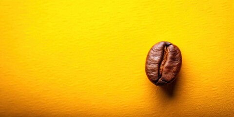 A single coffee bean on a vibrant yellow background, showcasing its intricate details and rich brown hues.
