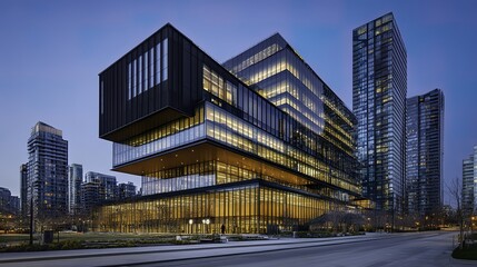 Fototapeta premium Office building glowing in golden dusk light, framed by urban skyline, evoking a sense of modern ambition and quiet reflection.