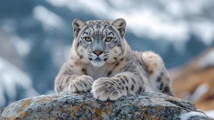 Obraz premium Majestic snow leopard resting on a rocky outcrop in a snow-covered landscape with mountainous backdrop
