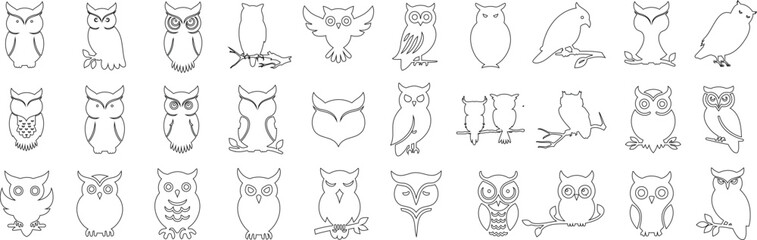 Owl vector outline set, hand drawn owl line art, minimal owls isolated design for tattoo, clipart, sketch, cartoon, artistic set, digital collection of aesthetic bird, wildlife nocturnal bird icon