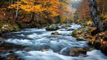 Serene Autumn River Flowing Through Forest
