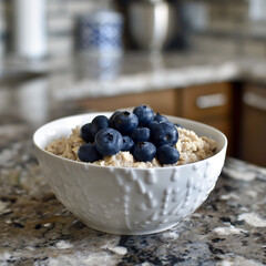 A bowl of instant oatmeal with fresh blueberries and a drizzle of honey, steam rising, set on a kitchen counter, quick and healthy