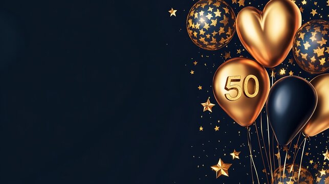 Golden 50th Birthday Balloons on Dark Background