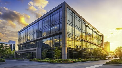 Fototapeta premium Office building glowing in golden dusk light, framed by urban skyline, evoking a sense of modern ambition and quiet reflection.