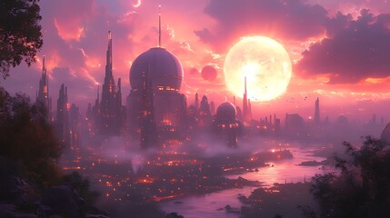 Obraz premium Futuristic city sunset, crimson moon, river, fantasy landscape, game art
