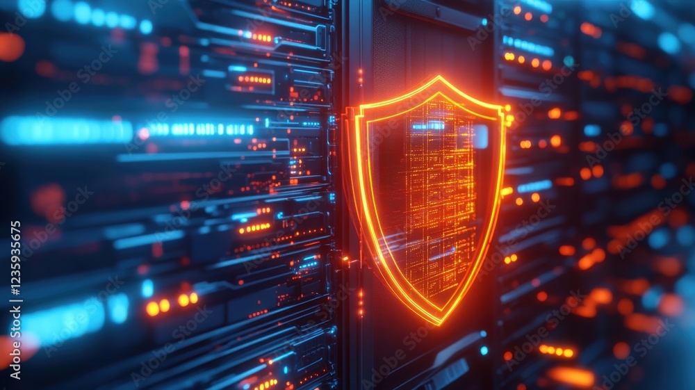 Poster a glowing shield symbol against a backdrop of digital servers, representing cybersecurity and data p