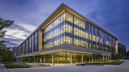 Obraz premium Office building glowing in golden dusk light, framed by urban skyline, evoking a sense of modern ambition and quiet reflection.