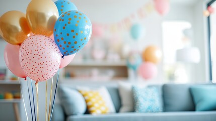 Festive Balloons and Blurred Living Room Background