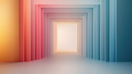 A long hallway with a white door in the middle