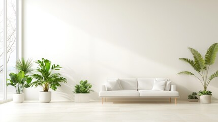 Bright Minimalist Living Room with White Sofa and Greenery