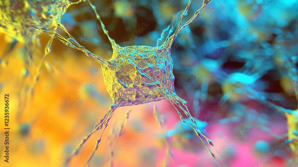 Poster abstract depiction of a neuron with its extensions,rendered with vibrant colors and blurred backgrou