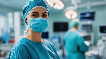 Surgeon in scrubs and a mask preparing for an operation in a high-tech operating room