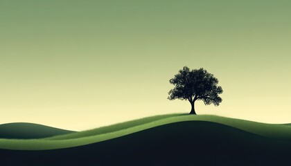 Obraz premium Solitary Tree on Rolling Green Hills Under a Calm Sky