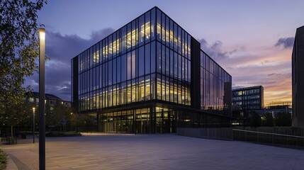 Obraz premium Office building glowing in golden dusk light, framed by urban skyline, evoking a sense of modern ambition and quiet reflection.