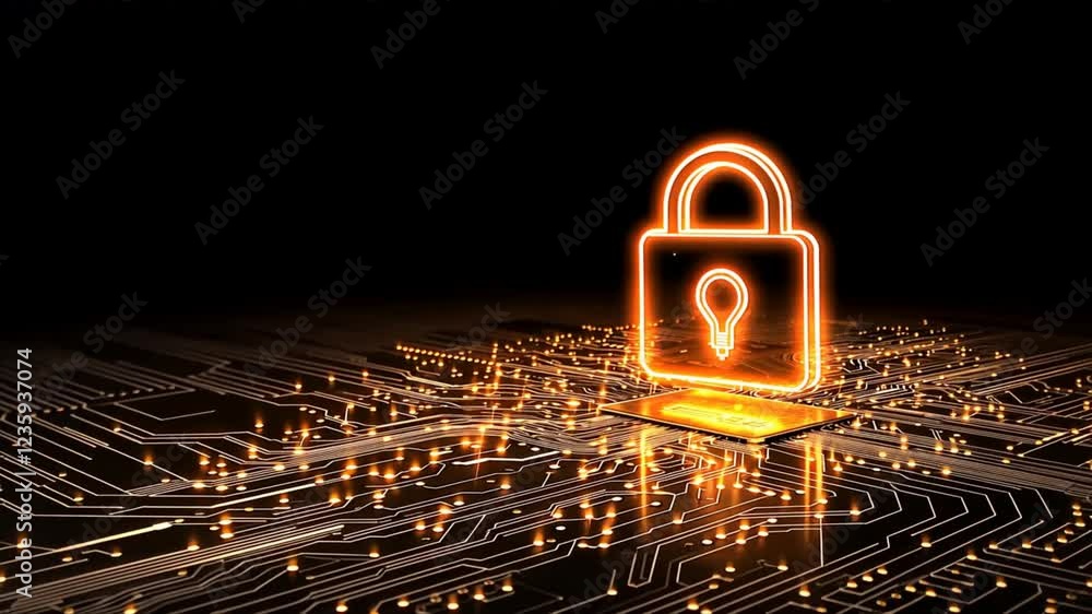 Poster glowing digital lock on circuit board symbol of cybersecurity, data protection, and technology innov