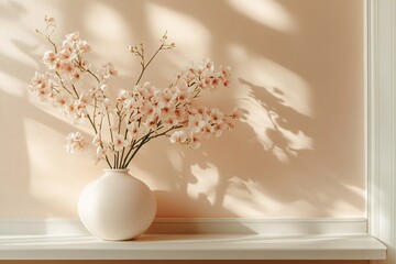 Pale Pink Flowers in a Cream Vase Against a Peach Wall