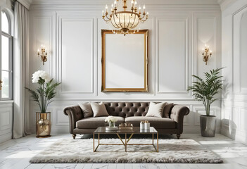 Frame mockup, ISO A2 size. Dining room wall visual mockup. Interior mockup with vibrant background. Contemporary interior design