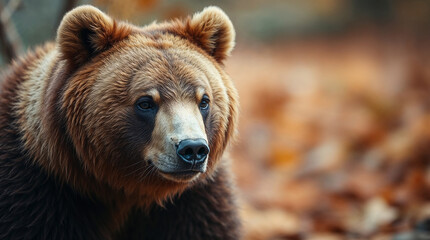 Obraz premium Brown bear looking away in autumn forest closeup