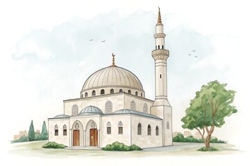 Fototapeta premium Watercolor illustration of a beautiful mosque in a serene landscape