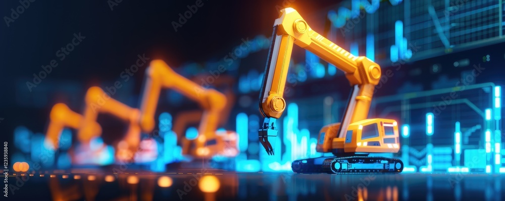 Poster robotic arm in modern factory setting with data visualization elements