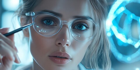 Scientist woman working with futuristic digital interface in modern laboratory