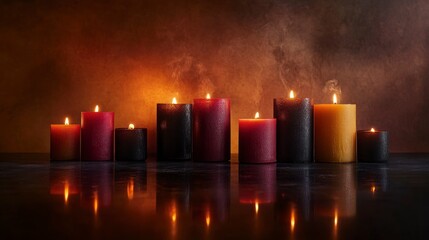 Burning Candles Row Warm Autumn Colors Dark Background