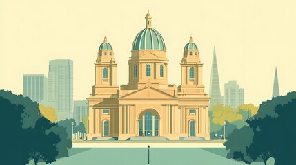Fototapeta premium European Cathedral in Cityscape, Flat Design, Architectural Illustration for Background Use