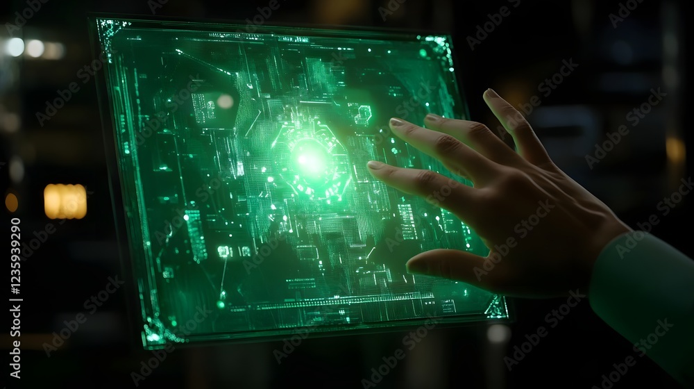 Poster a glowing green holographic interface being interacted with by a hand.
