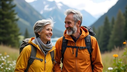 Elderly couple happily hiking together in the mountains
