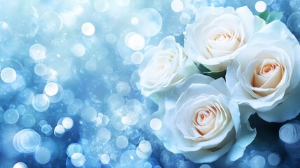 Elegant White Roses Bouquet Blue Bokeh Background