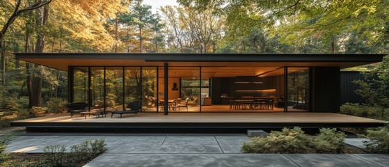 Modern architectural house design in serene woodland setting minimalist style daytime