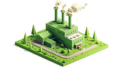 Green Industrial Factory with Smokestacks and Trees in 3D Style