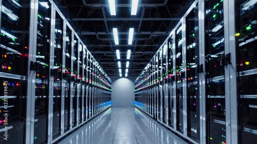 Aufkleber symmetrical rows of enterprise servers illuminate corridor. blinking led indicators create light pat