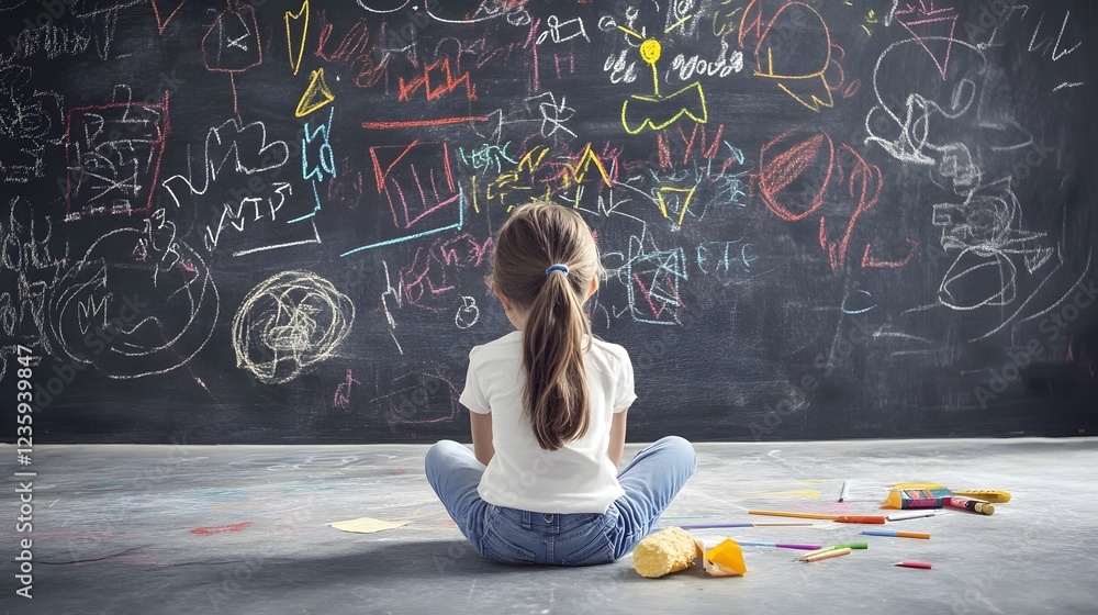 Poster young girl sitting cross legged on the floor intently focused on the chalkboard in front of her whic