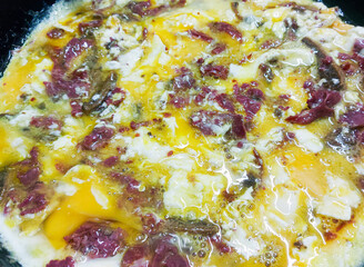 Traditional breakfast Eggs with Pastrami dish