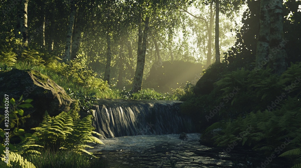 Poster sunlight streams through a lush forest canopy illuminating a small waterfall and river